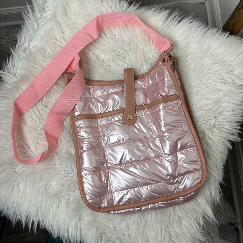 Pink Quilted Puffer Crossbody Shoulder Bag
